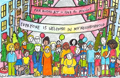 Hand drawn image of Fair Housing Act celebration.