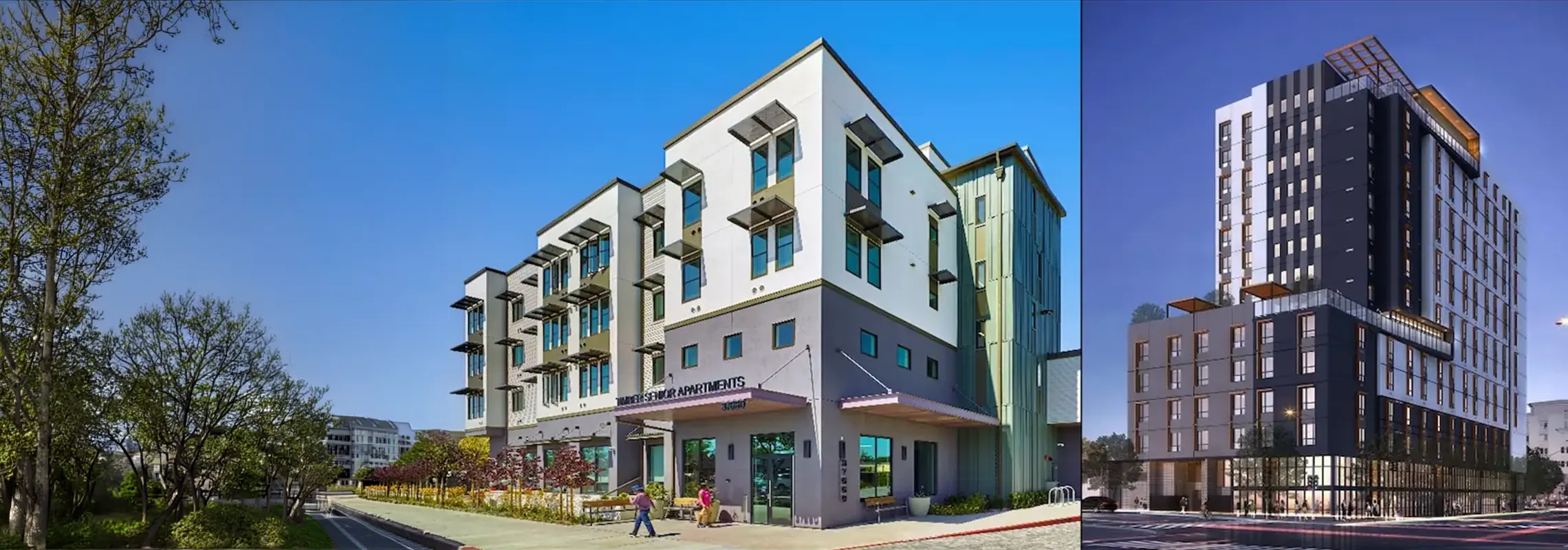 Exterior view of Timber Senior and Harrington Heights affordable housing developments.