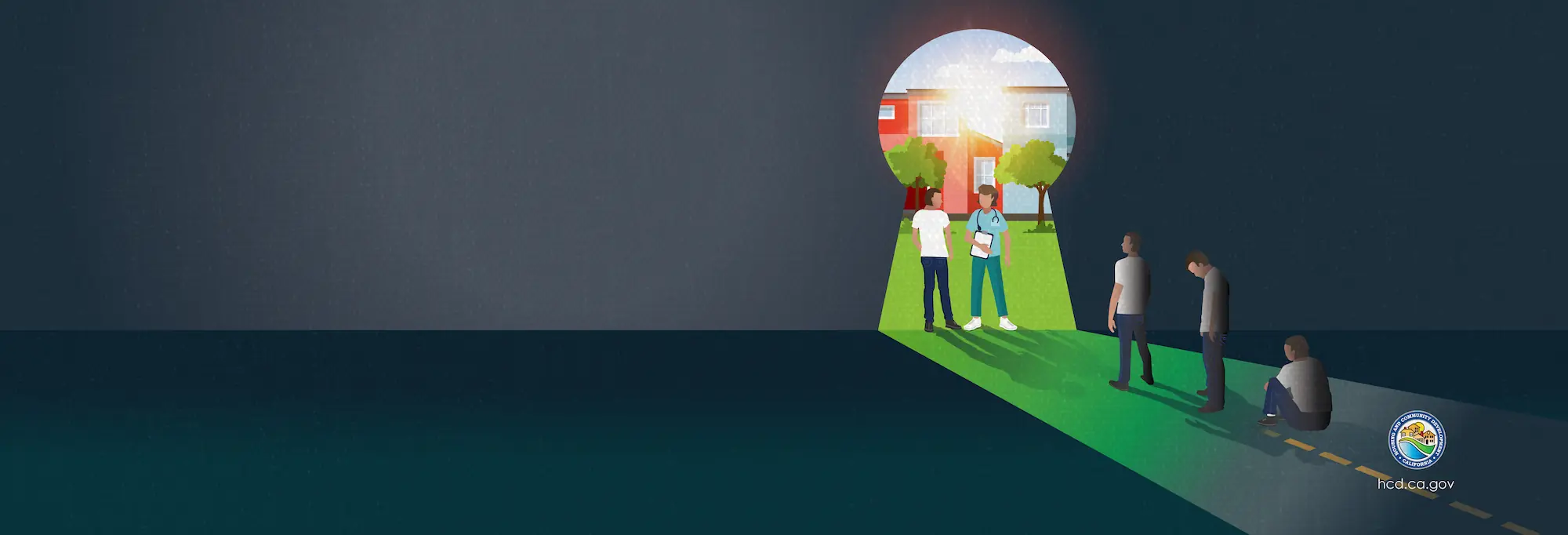graphic of a seated man in darkness rising and heading toward a large keyhole opening with light, housing and services.