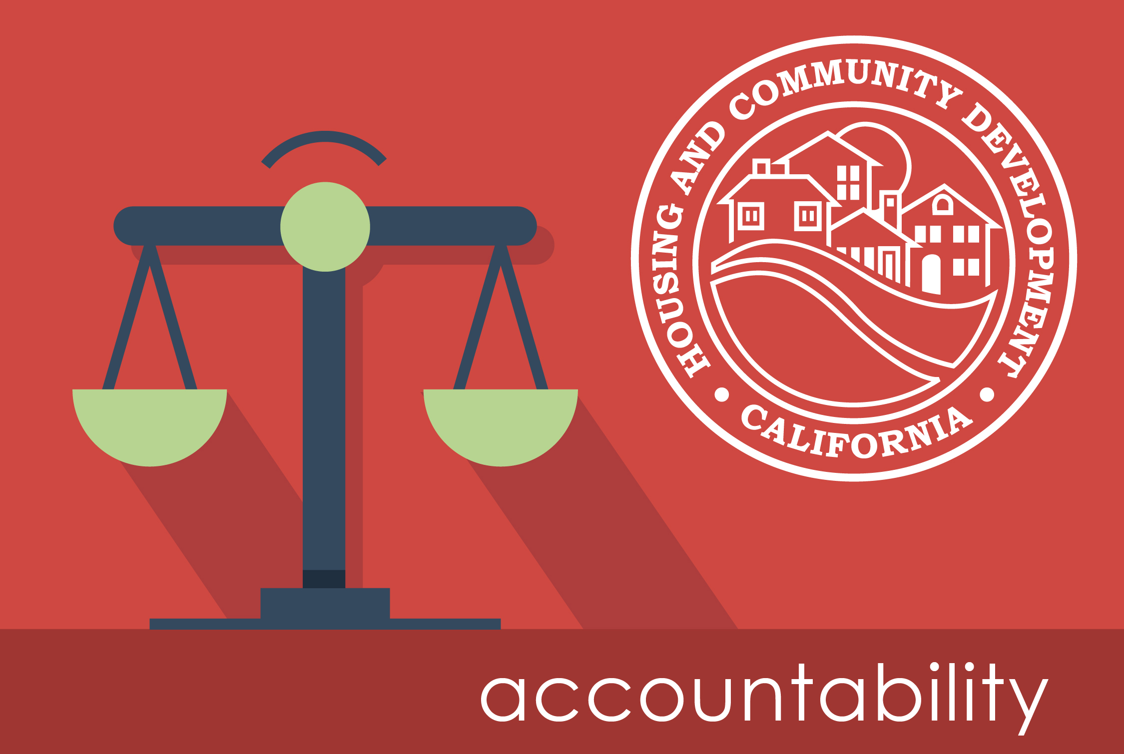 an image with the scales of justice and the HCD logo that says accountability