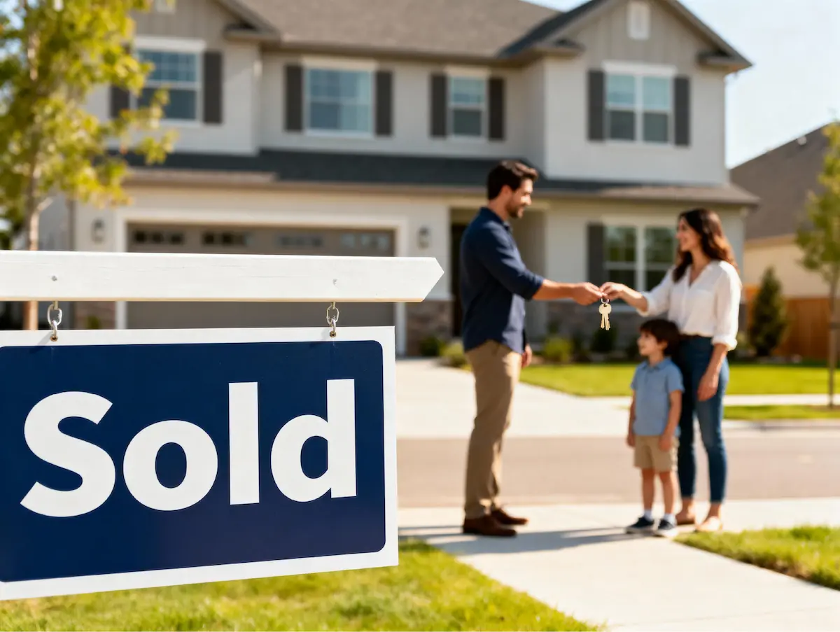 man giving woman and child keys to their new home with sold sign in the foreground