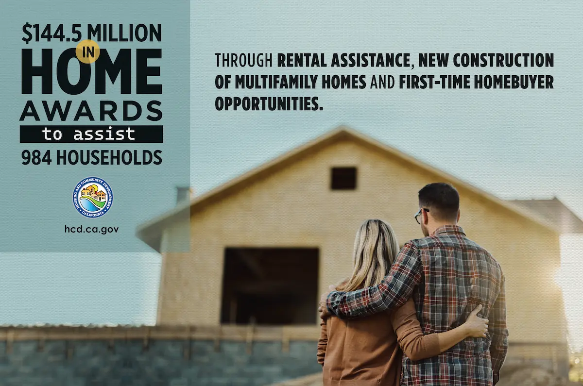 image of couple looking at their new home. Text reads $144.5 million HOME awards to assist 984 household through rental assistance, new construction of multifamily homes and first-time homebuyer opportunities.