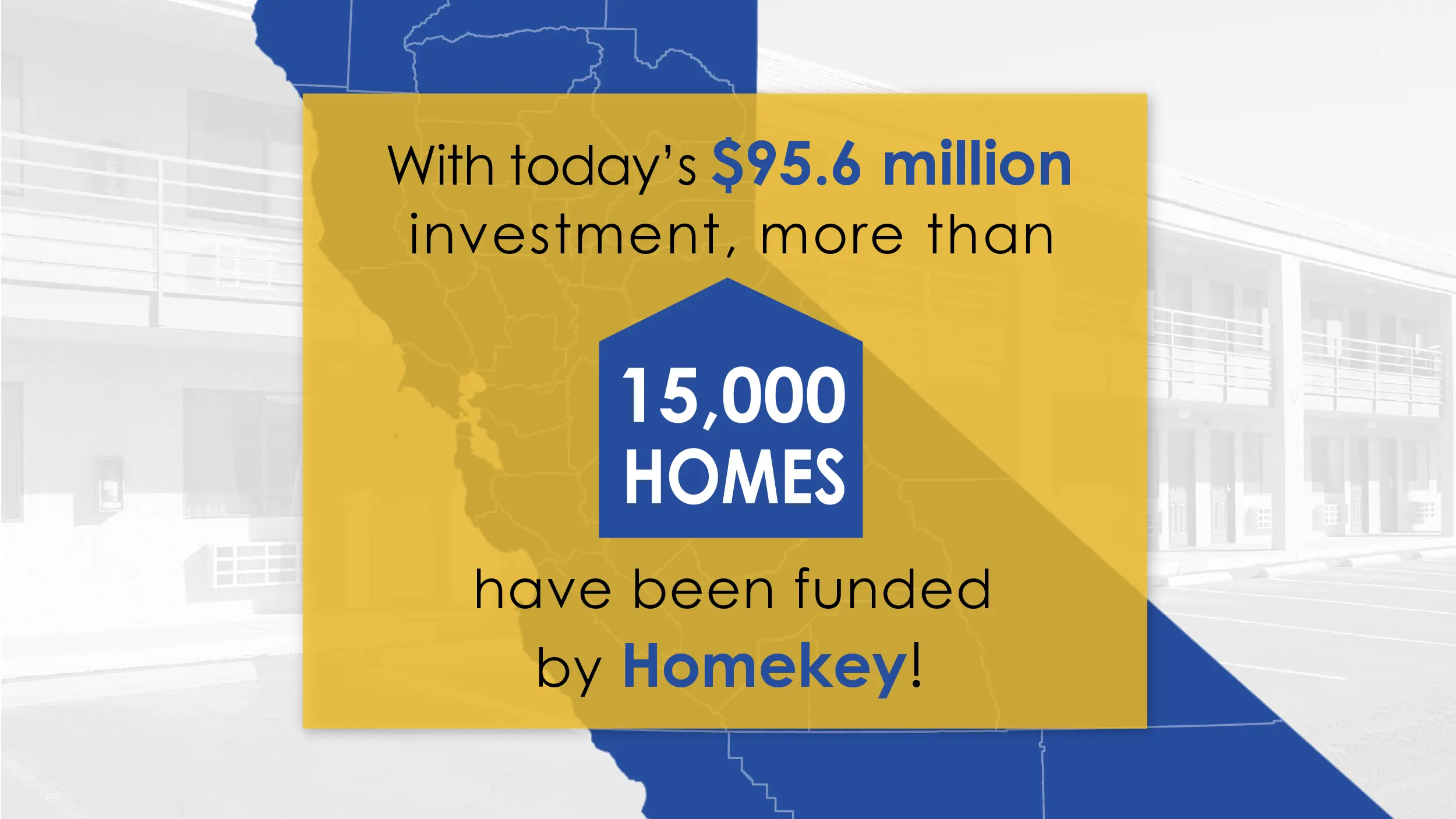 Map of California with overlay text with today's $95.6 million investment, more than 15,000 homes have been funded by Homekey!