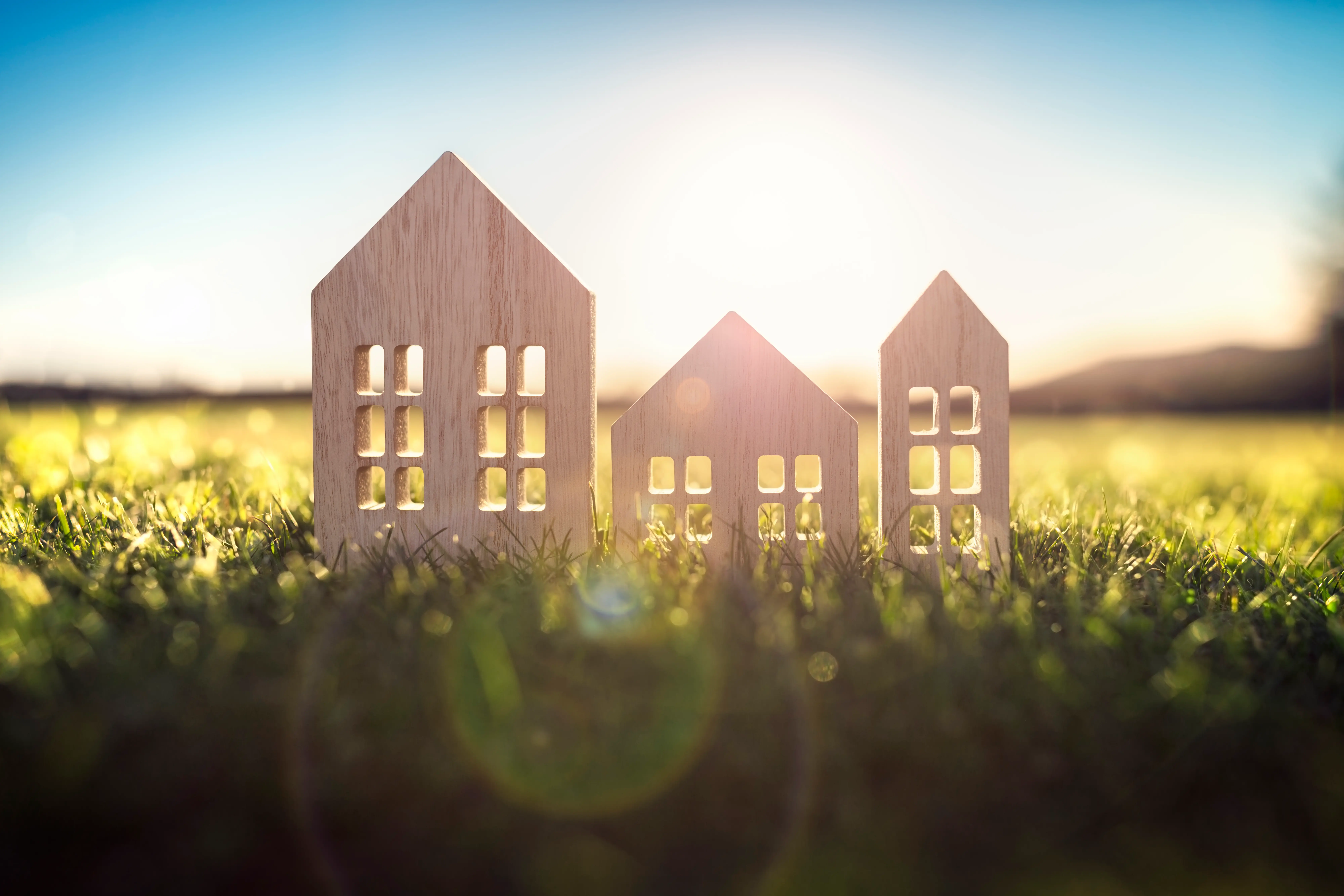 wooden cutout of homes on grass with sun shining