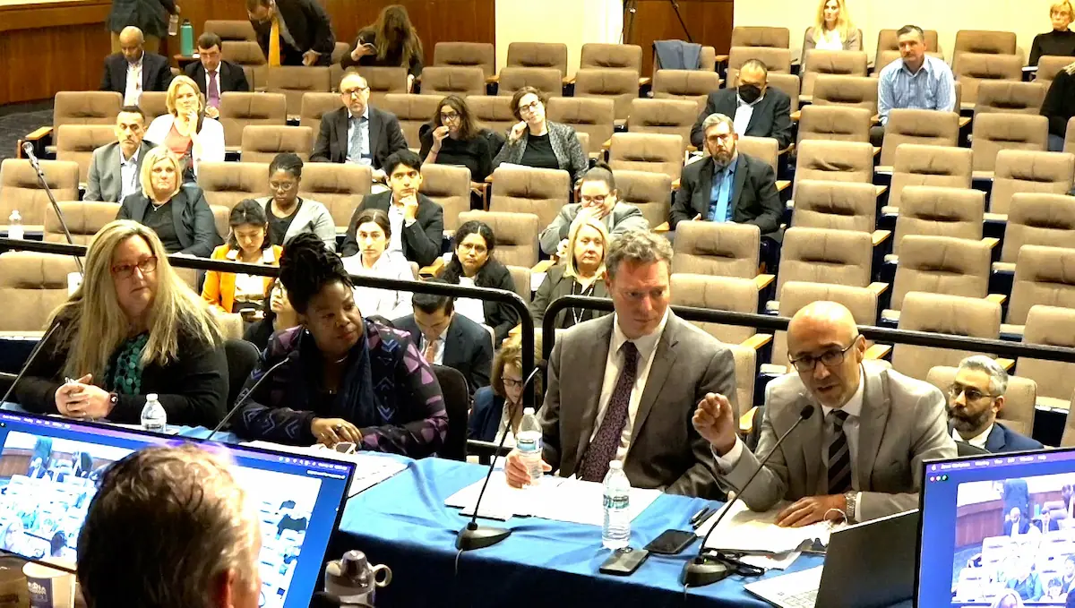 BCSH Secretary Tomiquia Moss and HCD Director Gustavo Velasquez testifying to the Little Hoover Commission.