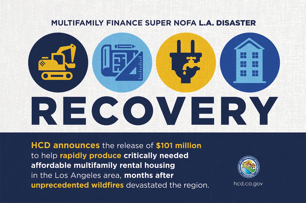 graphic with building and utility icons with text Recovery - HCD announces the release of $101 million to help rapidly produce critically needed affordable multifamily rental housing in the Los Angeles area, months after unprecedented wildfires devastated the region.