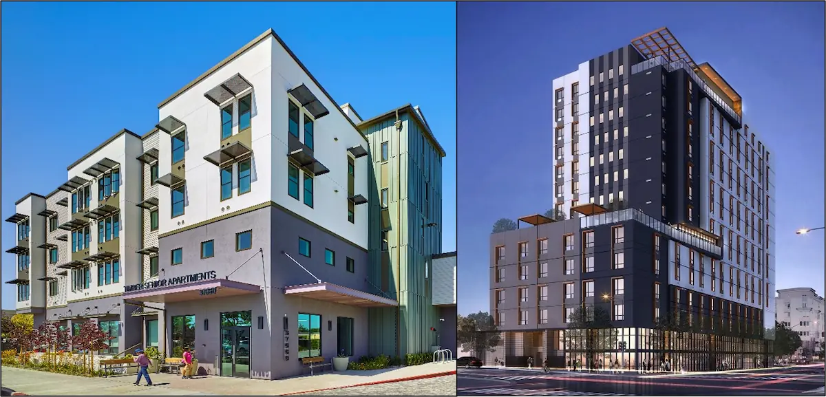 Exterior view of Timber Senior Apartments and Harrington Heights