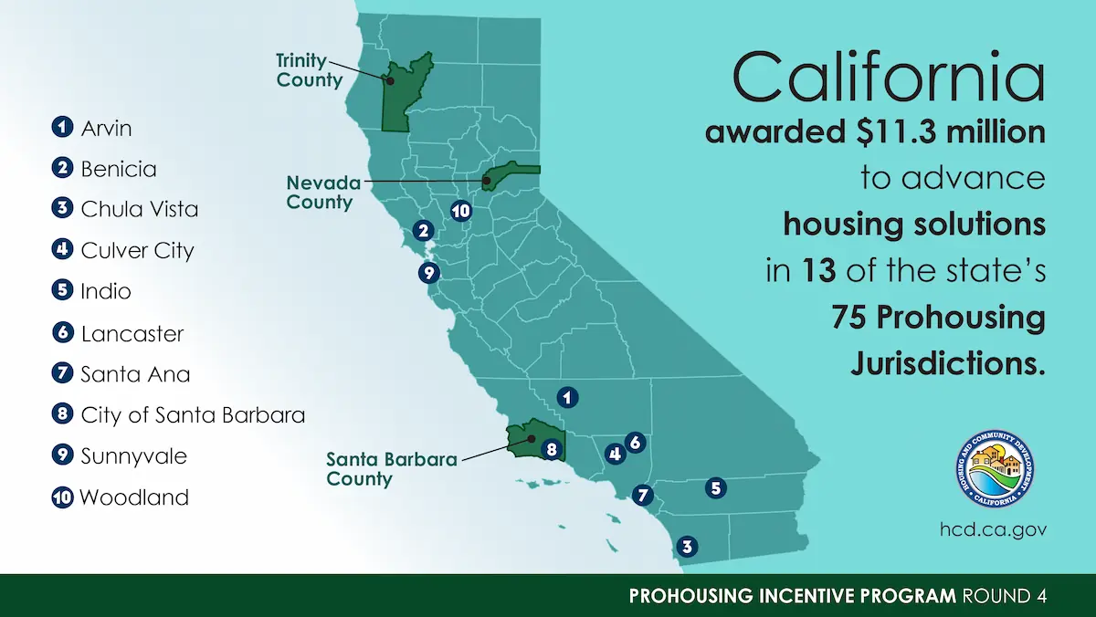 graphic map of california with awardees selected. text reads: California awarded $11.3 million to advance housing solutions in 13 of the state's 75 prohousing jurisdictions.