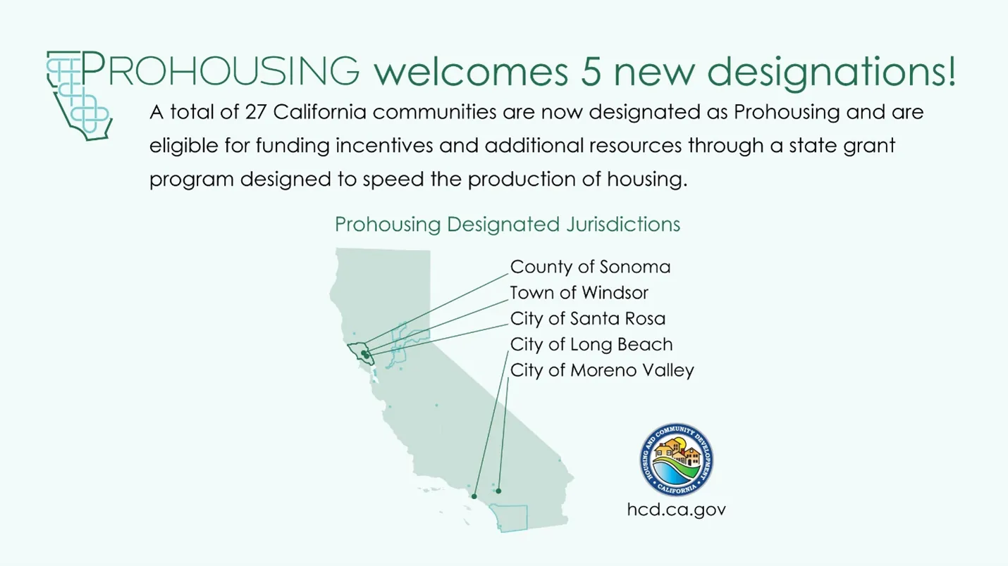 Listing of five new Prohousing designations, showing each location on a map of California.