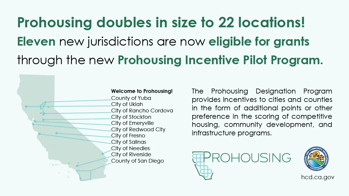 Map of California and newest prohousing cities: Rohnert Park, Santa Cruz, and South San Francisco