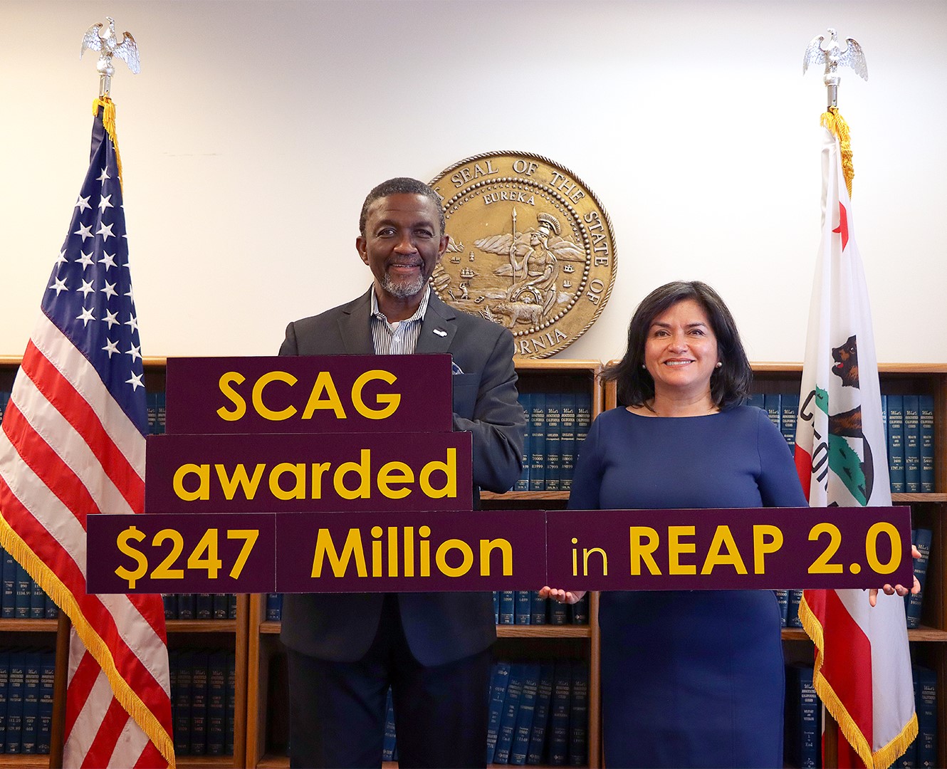 BCSH Secretary Lourdes Castro Ramírez and SCAG Director Kome Asije mark the historic investment in the SCAG region to build more climate friendly housing in areas that will reduce car-dependency and meet our state housing goals.