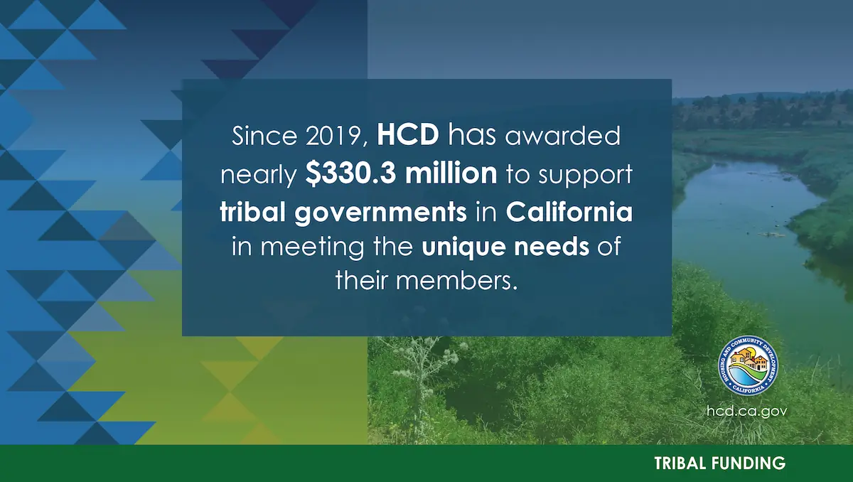 image of nature with text that says "since 2019, HCD has awarded nearly $330.3 million to support tribal governments in california in meeting the unique needs of their members."